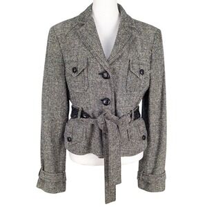 BCBGMAXAZARIA Jacket Large Black Multicolor Tweed Sequin‎ Belt Buttons Pockets